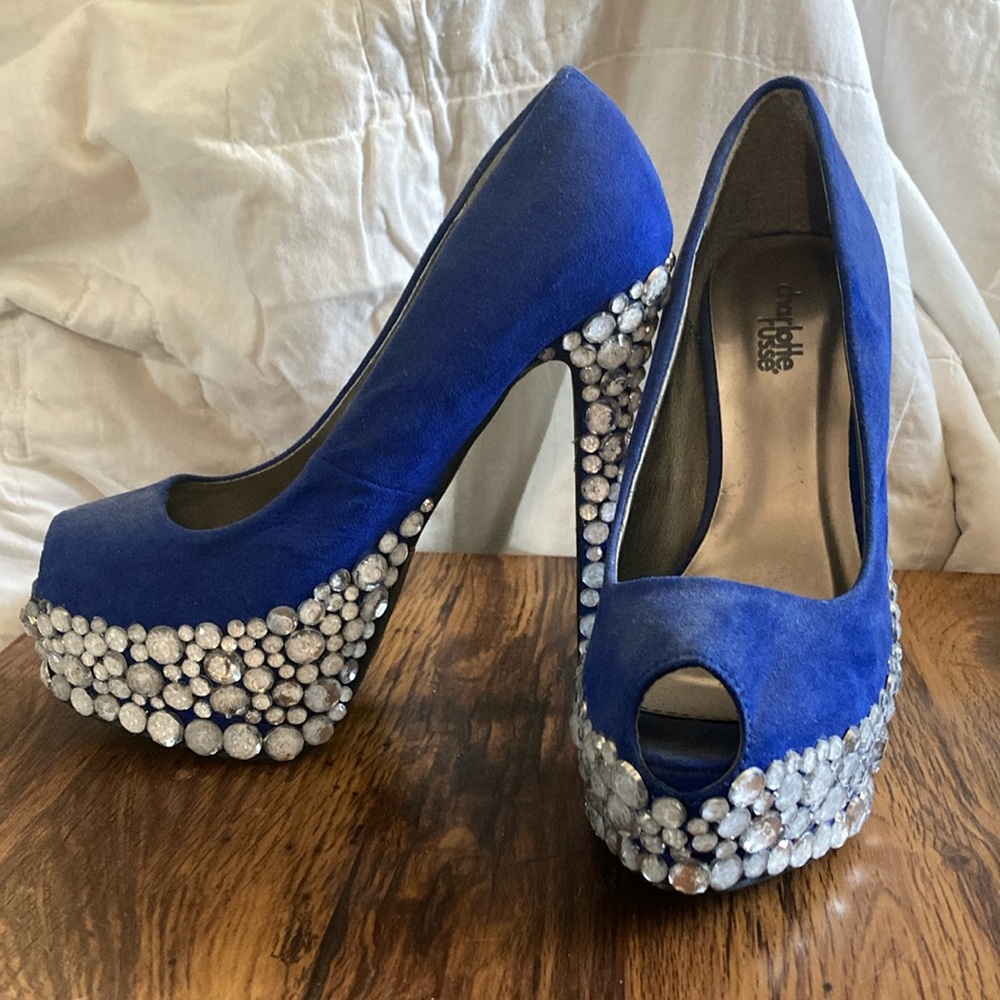 Charlotte Russe Blue and Silver Heels with Crystal Embellishments